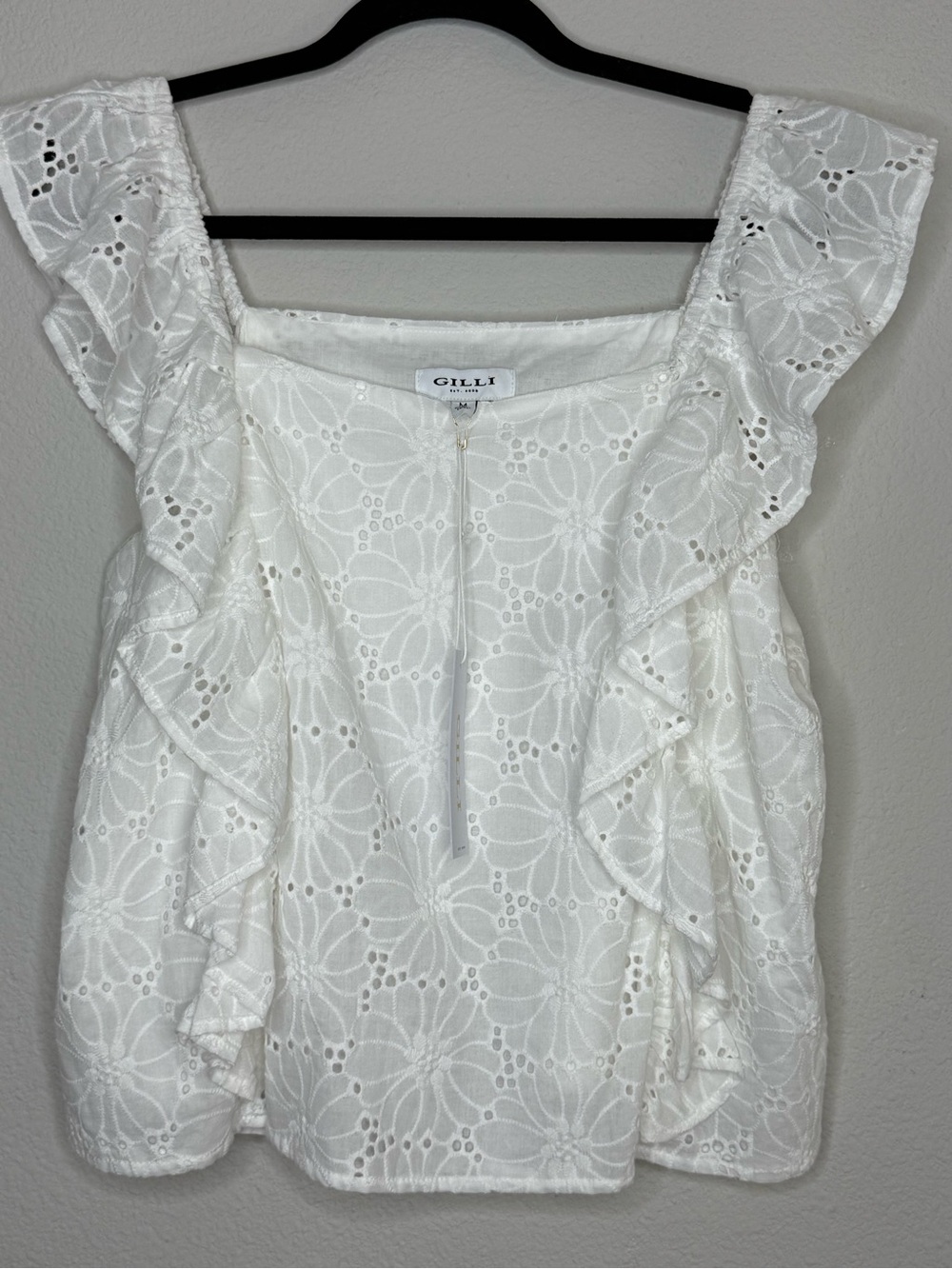 Gilli White Floral Eyelet Ruffle Square Neck Blouse